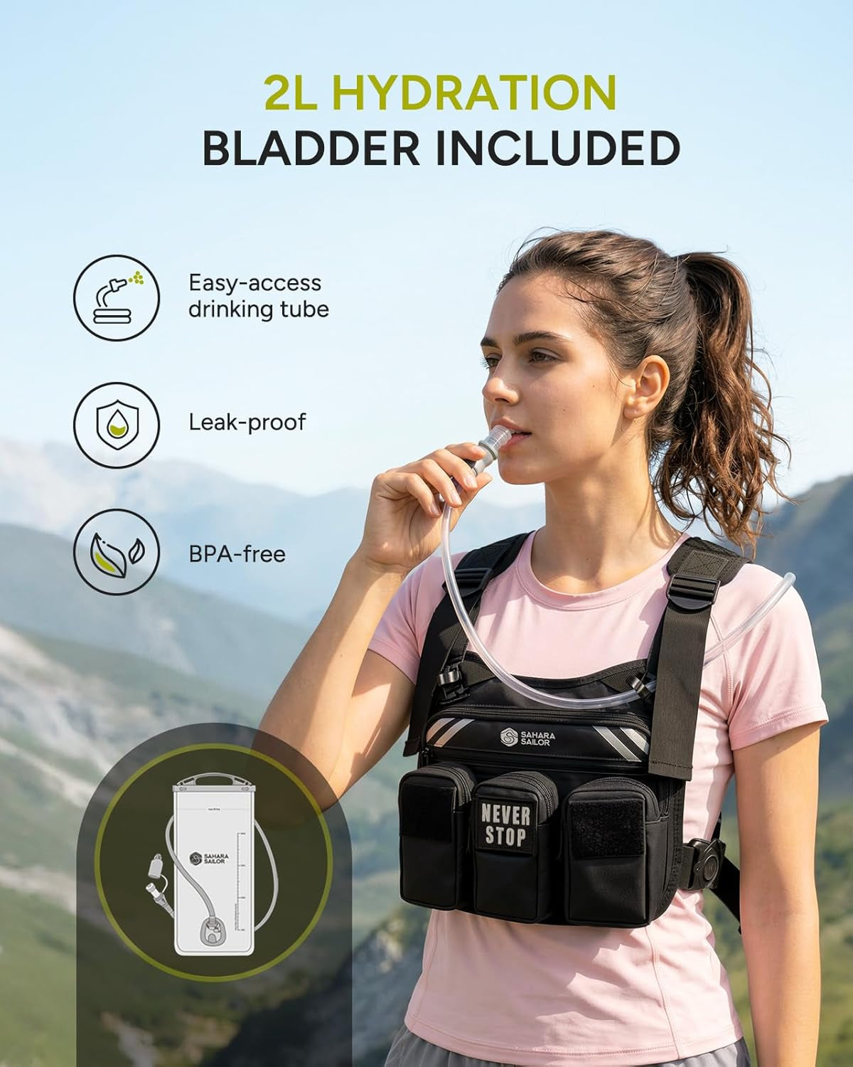 Running Vest with 2L Water Bladder, Hydration Vest for Women and Men, Breathable Durable Chest Pack with Waterproof Pockets for Jogging, Trail Running, Hiking