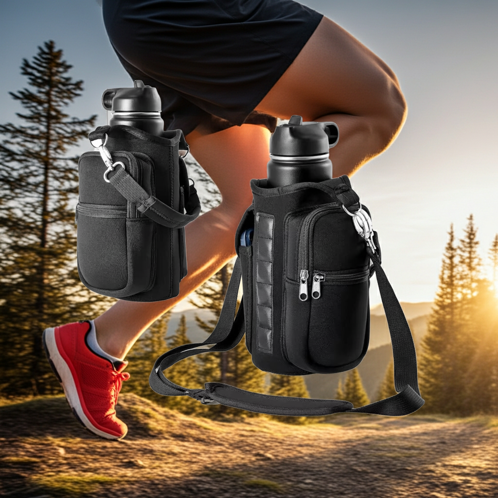 Magnetic Water Bottle Holder Gym Water Bottle Carrier Bag W/ Phone Pocket Handle Shoulder Strap 6 Built-In Magnets Water Bottle