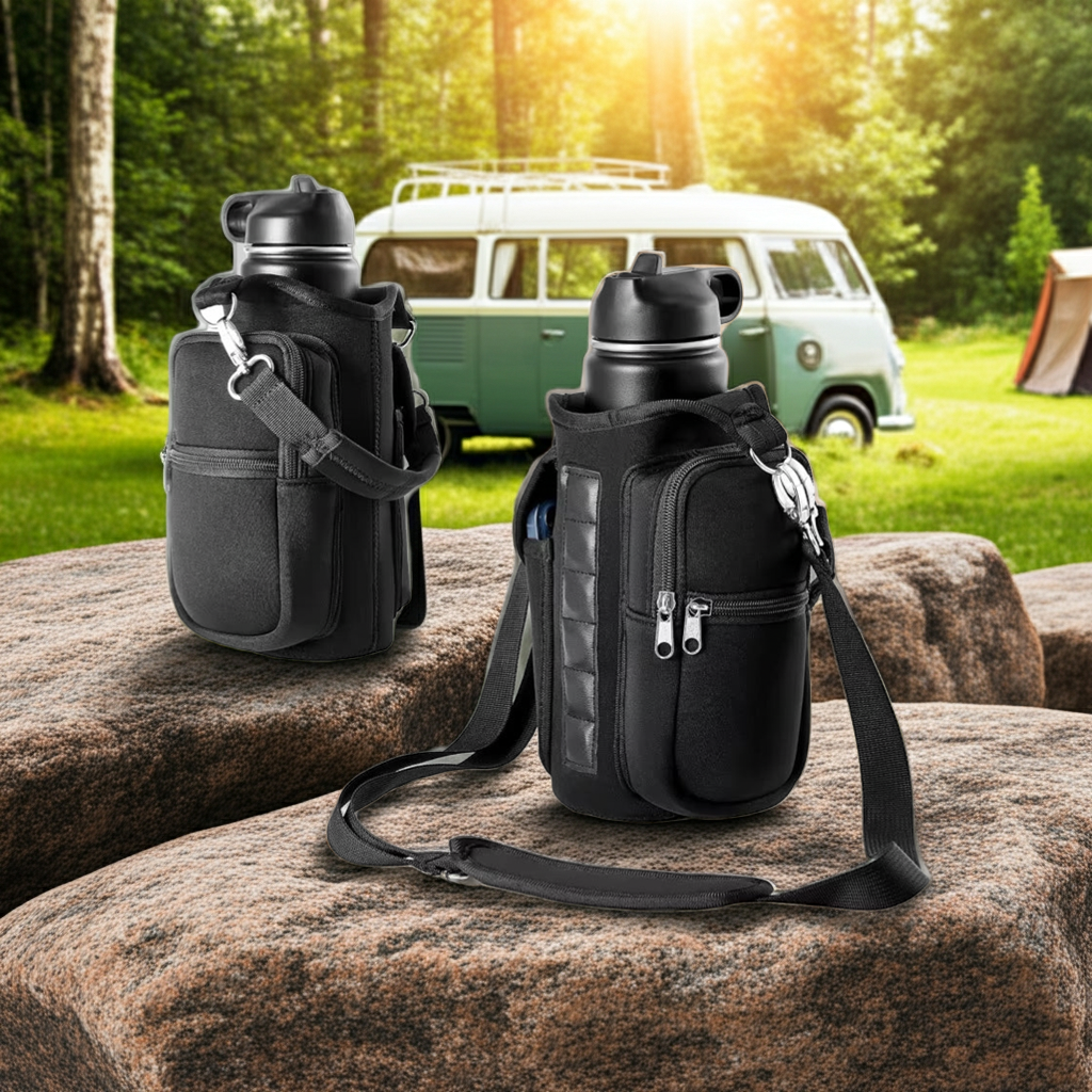 Magnetic Water Bottle Holder Gym Water Bottle Carrier Bag W/ Phone Pocket Handle Shoulder Strap 6 Built-In Magnets Water Bottle