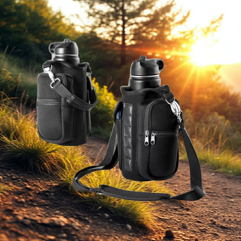 Magnetic Water Bottle Holder Gym Water Bottle Carrier Bag W/ Phone Pocket Handle Shoulder Strap 6 Built-In Magnets Water Bottle